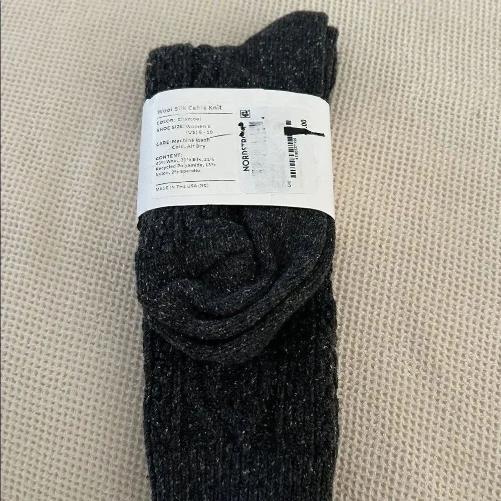 American Trench Wool and Silk Cable Knit Sock, Charcoal, size 6-10, NWT